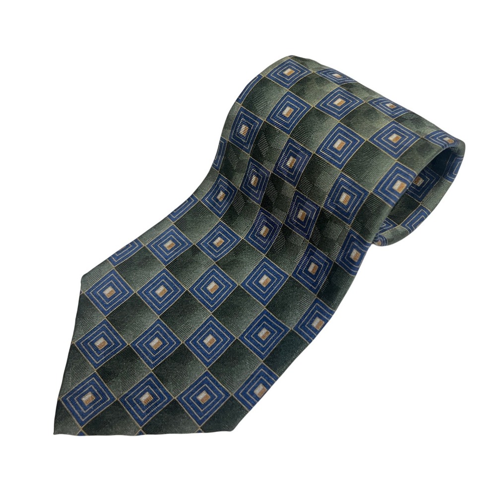 Jos‎ A Bank Silk Necktie Geometric Square Pattern Olive Green Blue